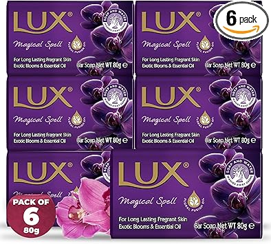 Lux صابون لكس البنفسجي السحري للجمال للعناية الفاخرة للوجه واليدين والجسم مدعوم لبشرة ناعمة ومتألقة صابون استحمام يومي لطيف برائحة منعشة للرجال والنساء 80 جرام × 6 - Image 1