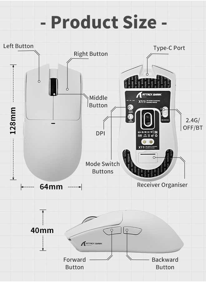 ماوس ألعاب لاسلكي خفيف الوزن Attack Shark X11 مع قاعدة شحن RGB، ثلاثي الأوضاع: 2.4 جيجاهرتز/USB-C سلكي/بلوتوث، دقة تصل إلى 22 ألف نقطة في البوصة، مستشعر بصري PAW3311، مفتاح HUYU، 5 أزرار قابلة للبرمجة لأجهزة الكمبيوتر/ماك