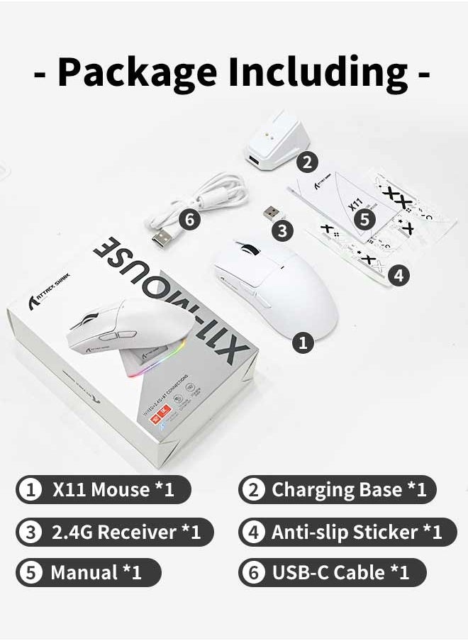 ماوس ألعاب لاسلكي خفيف الوزن Attack Shark X11 مع قاعدة شحن RGB، ثلاثي الأوضاع: 2.4 جيجاهرتز/USB-C سلكي/بلوتوث، دقة تصل إلى 22 ألف نقطة في البوصة، مستشعر بصري PAW3311، مفتاح HUYU، 5 أزرار قابلة للبرمجة لأجهزة الكمبيوتر/ماك
