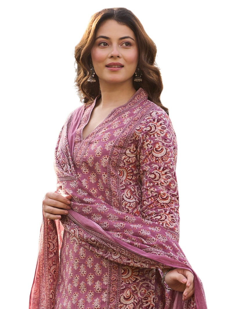 Arayna Women’s Cotton Printed Kurta Set with Pants & Dupatta | Elegant Ethnic Wear for Women | Floral Print | Comfortable Suit Set, Mauve Pink, 4X-Large - Image 1