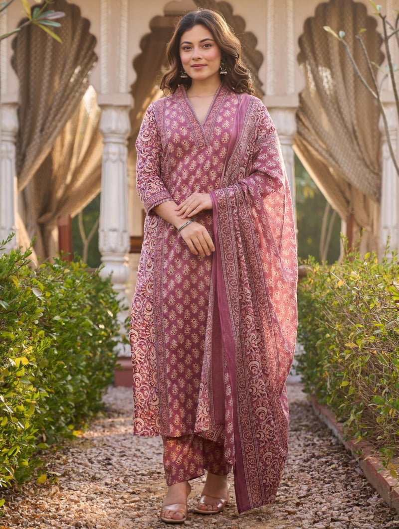 Arayna Women’s Cotton Printed Kurta Set with Pants & Dupatta | Elegant Ethnic Wear for Women | Floral Print | Comfortable Suit Set, Mauve Pink, 4X-Large - Image 2