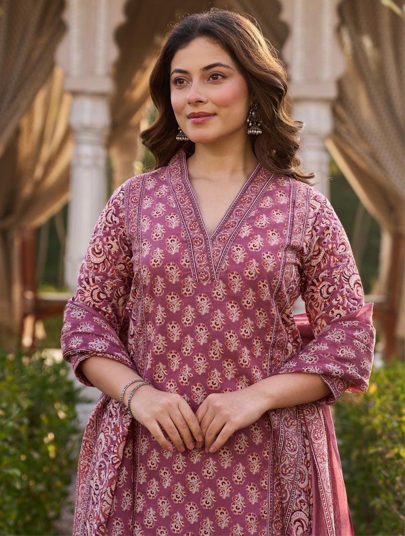 Arayna Women’s Cotton Printed Kurta Set with Pants & Dupatta | Elegant Ethnic Wear for Women | Floral Print | Comfortable Suit Set, Mauve Pink, 4X-Large - Image 5
