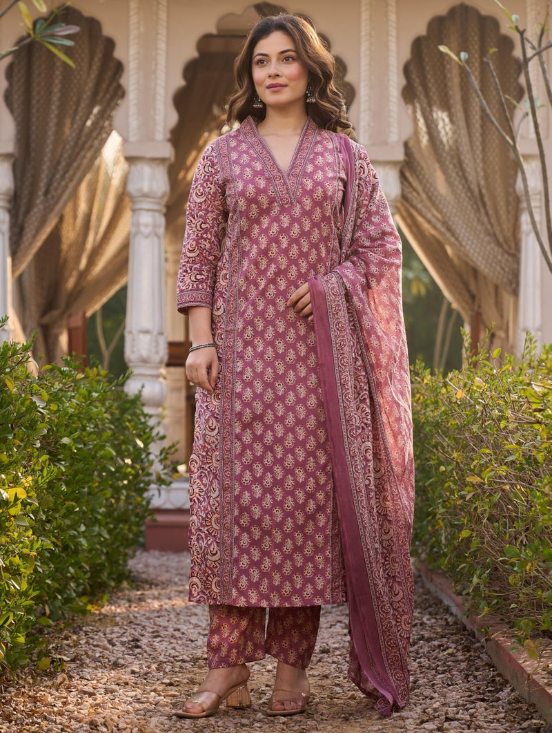 Arayna Women’s Cotton Printed Kurta Set with Pants & Dupatta | Elegant Ethnic Wear for Women | Floral Print | Comfortable Suit Set, Mauve Pink, 4X-Large - Image 4