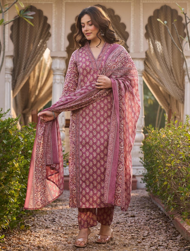 Arayna Women’s Cotton Printed Kurta Set with Pants & Dupatta | Elegant Ethnic Wear for Women | Floral Print | Comfortable Suit Set, Mauve Pink, 4X-Large - Image 3