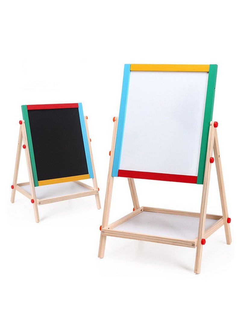 2-in-1 Solid Wood Blackboard & Whiteboard Drawing Board for Kids, Liftable Wooden Magnetic Easel with Adjustable Height