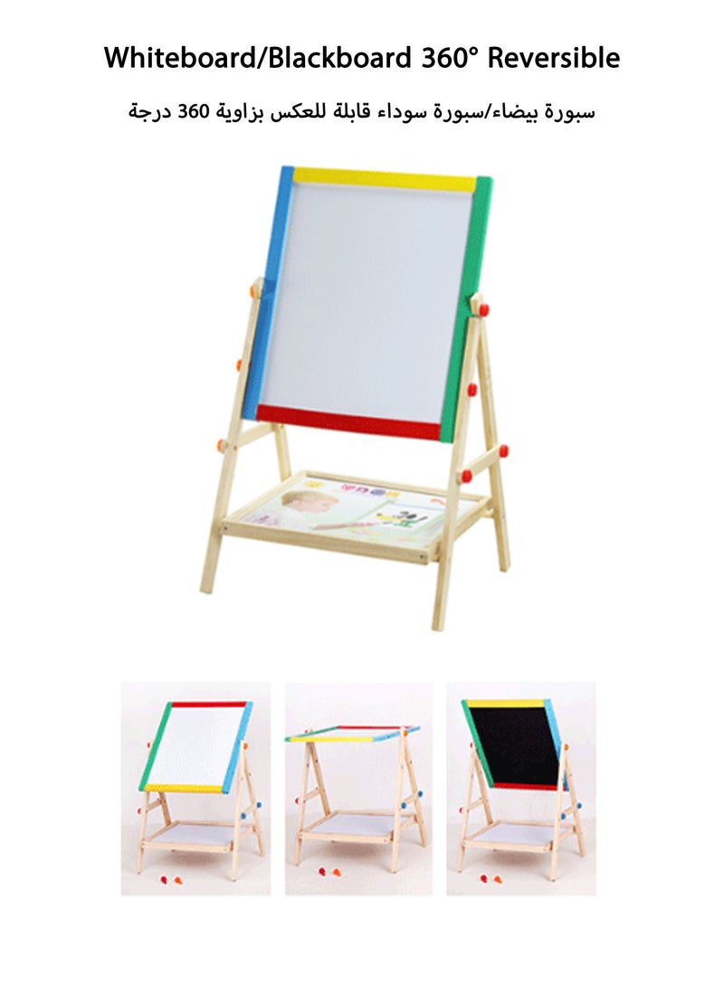 2-in-1 Solid Wood Blackboard & Whiteboard Drawing Board for Kids, Liftable Wooden Magnetic Easel with Adjustable Height