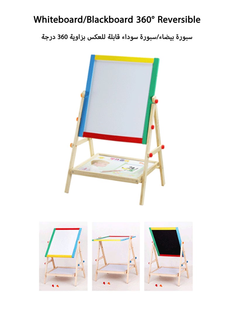 Jourvent - 2-in-1 Solid Wood Blackboard & Whiteboard Drawing Board for Kids, Liftable Wooden Magnetic Easel with Adjustable Height - Image 1