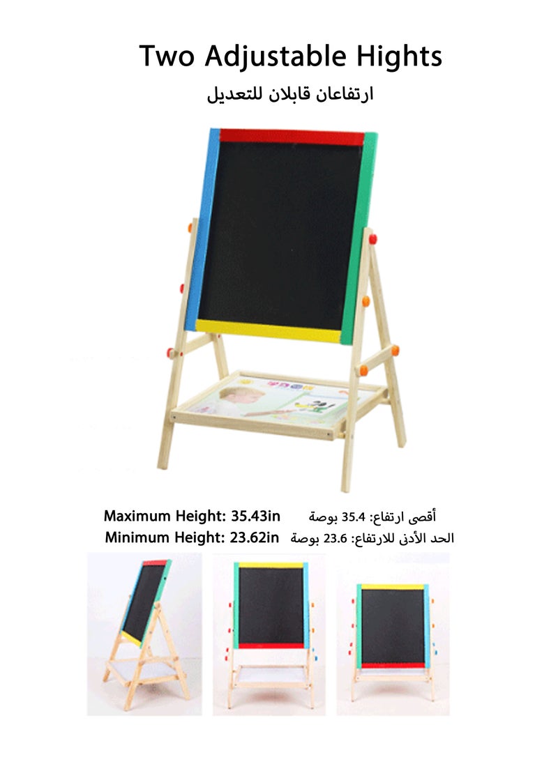 Jourvent - 2-in-1 Solid Wood Blackboard & Whiteboard Drawing Board for Kids, Liftable Wooden Magnetic Easel with Adjustable Height - Image 1