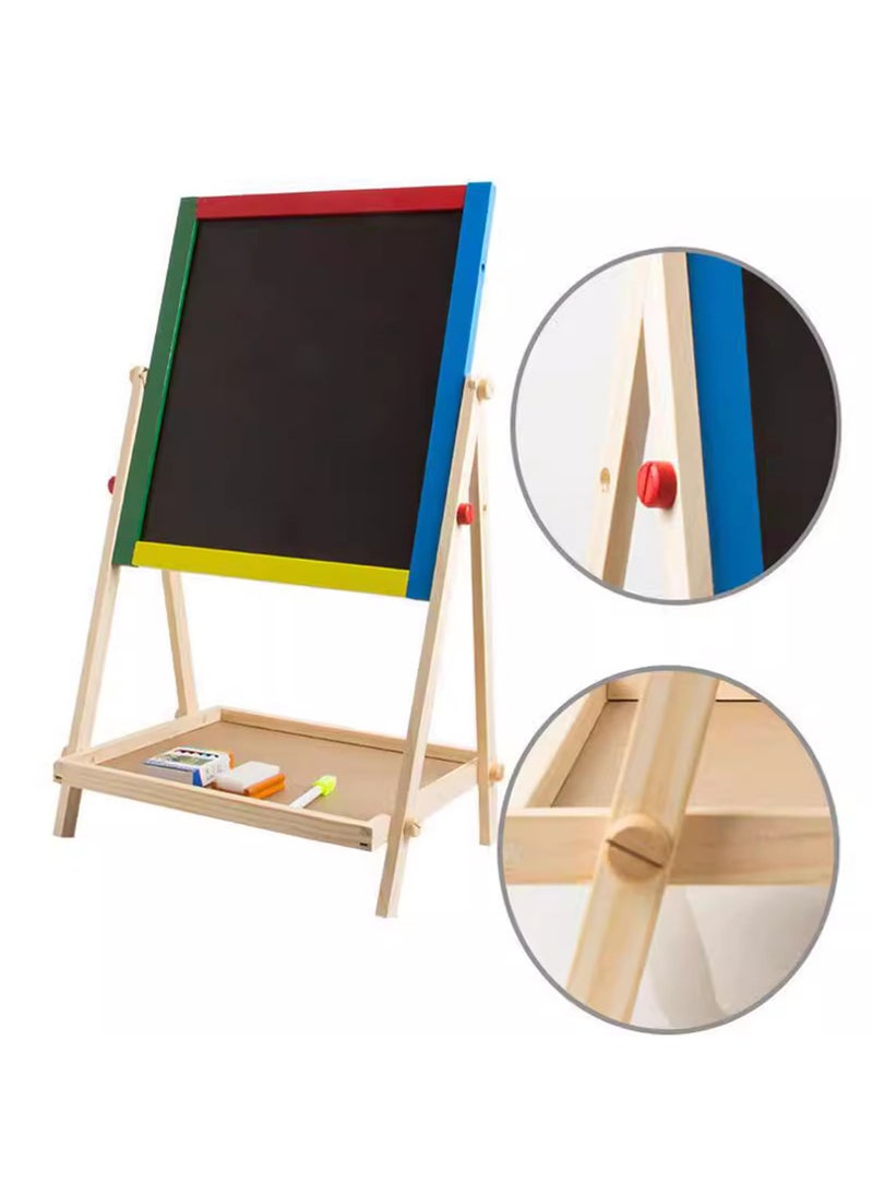 Jourvent - 2-in-1 Solid Wood Blackboard & Whiteboard Drawing Board for Kids, Liftable Wooden Magnetic Easel with Adjustable Height - Image 1