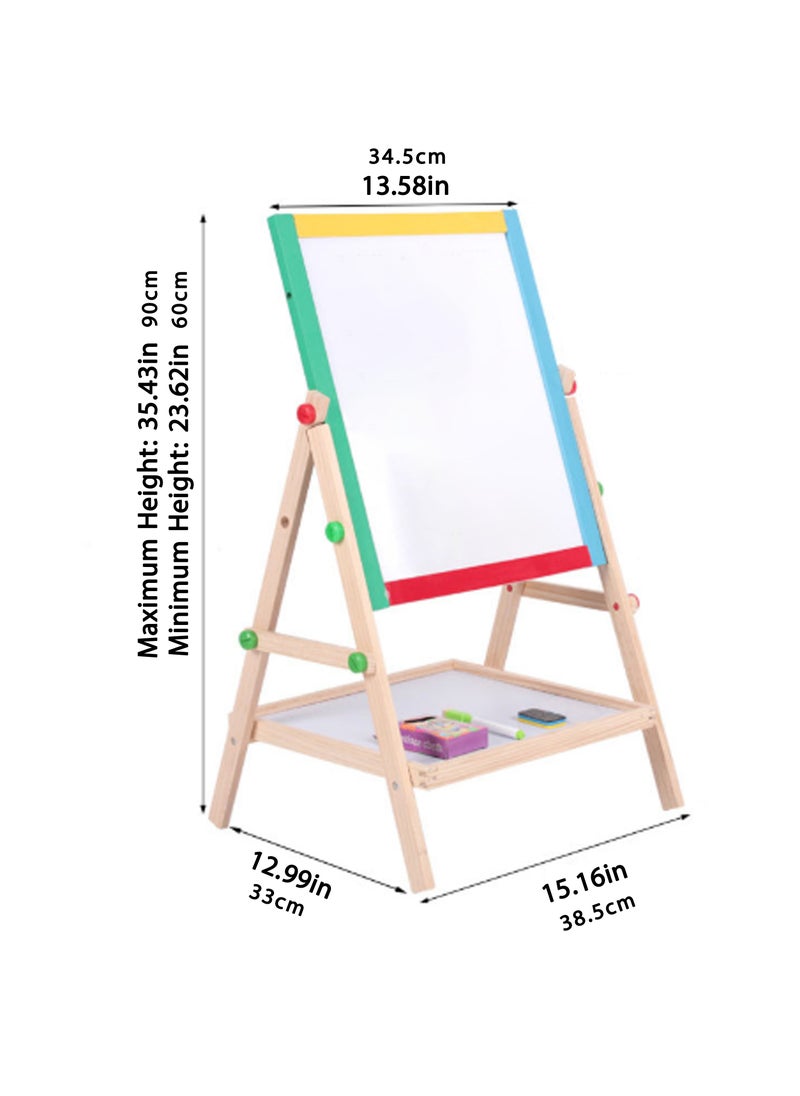 Jourvent - 2-in-1 Solid Wood Blackboard & Whiteboard Drawing Board for Kids, Liftable Wooden Magnetic Easel with Adjustable Height - Image 1
