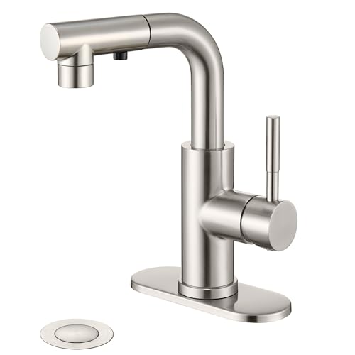 Ultimate Unicorn Brushed Nickel Single Handle Modern Bathroom Faucet with Pull Out Sprayer, 15.5" Retractable Hose, 360 Swivel Spout, Pop Up Drain, Stainless Steel, 1 Hole Installation - Image 1
