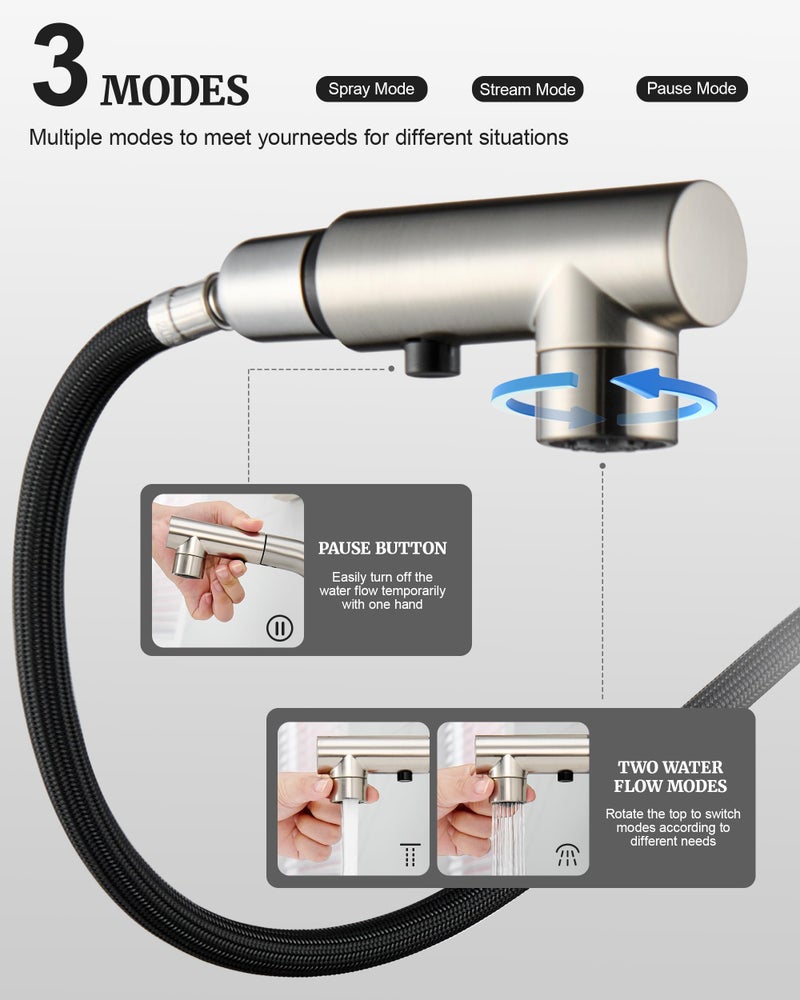 Ultimate Unicorn Brushed Nickel Single Handle Modern Bathroom Faucet with Pull Out Sprayer, 15.5" Retractable Hose, 360 Swivel Spout, Pop Up Drain, Stainless Steel, 1 Hole Installation - Image 4