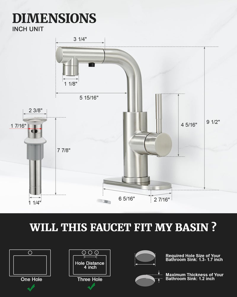 Ultimate Unicorn Brushed Nickel Single Handle Modern Bathroom Faucet with Pull Out Sprayer, 15.5" Retractable Hose, 360 Swivel Spout, Pop Up Drain, Stainless Steel, 1 Hole Installation - Image 5