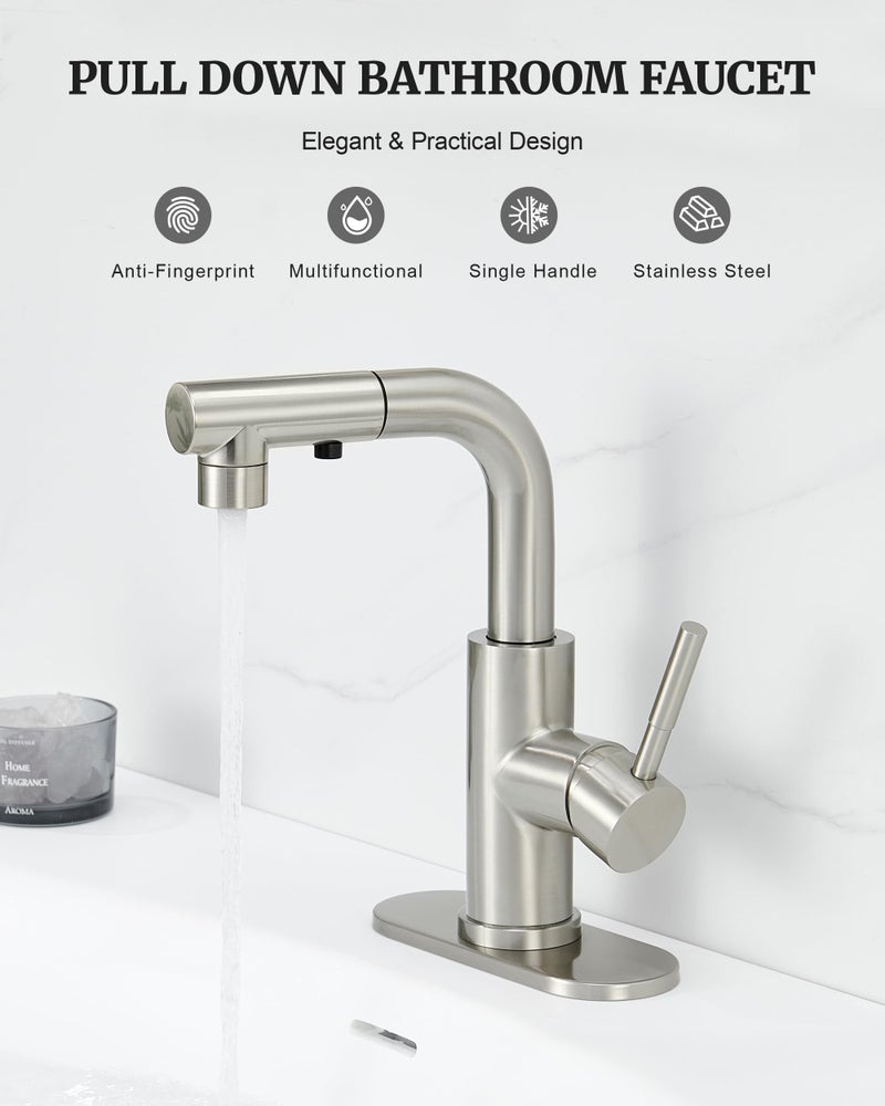 Ultimate Unicorn Brushed Nickel Single Handle Modern Bathroom Faucet with Pull Out Sprayer, 15.5" Retractable Hose, 360 Swivel Spout, Pop Up Drain, Stainless Steel, 1 Hole Installation - Image 2