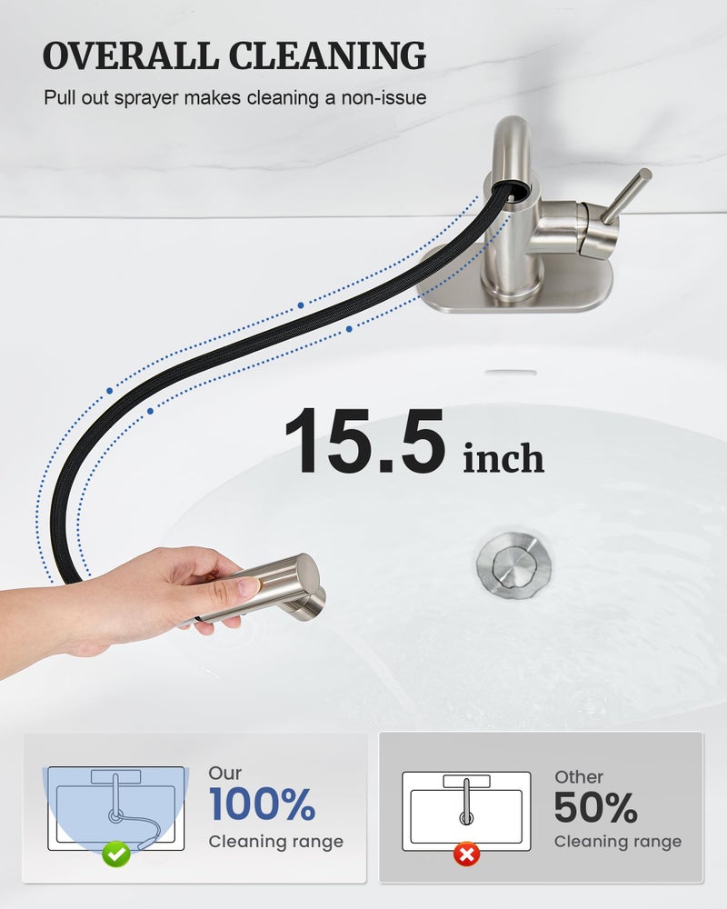 Ultimate Unicorn Brushed Nickel Single Handle Modern Bathroom Faucet with Pull Out Sprayer, 15.5" Retractable Hose, 360 Swivel Spout, Pop Up Drain, Stainless Steel, 1 Hole Installation - Image 3