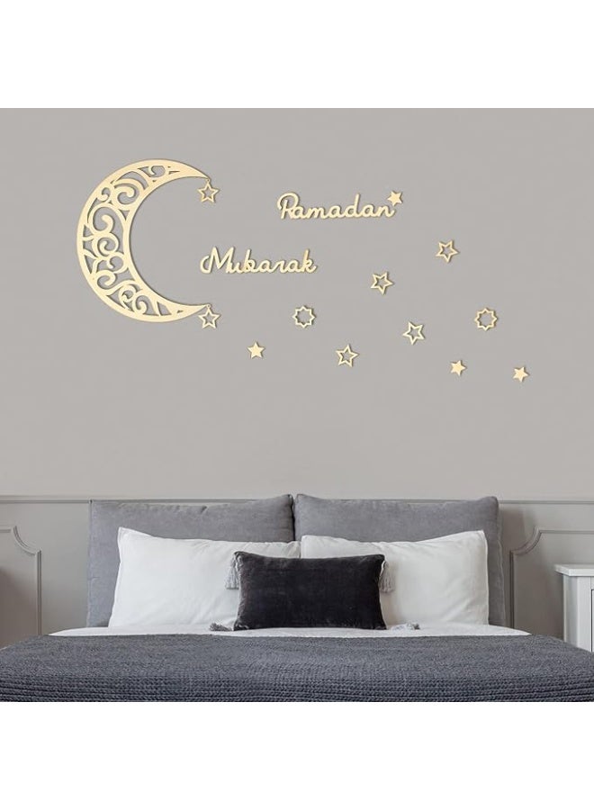 Yalikop 15 Pieces Ramadan Decoration Eid Wall Decor Wooden Moon Star Ornament Ramadan Mubarak Sign Eid for Home Decorations Muslim Islam Ramadan Party Supplies (Wood Color) - Image 1