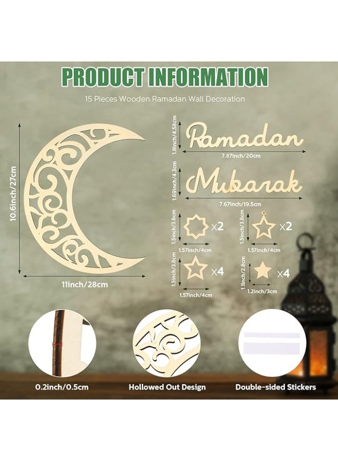 Yalikop 15 Pieces Ramadan Decoration Eid Wall Decor Wooden Moon Star Ornament Ramadan Mubarak Sign Eid for Home Decorations Muslim Islam Ramadan Party Supplies (Wood Color) - Image 3