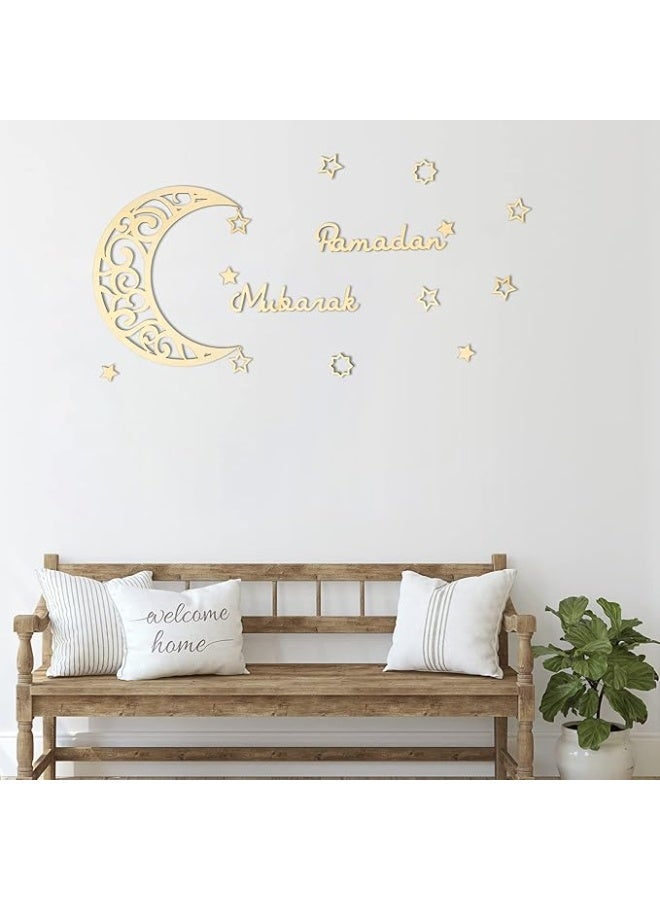 Yalikop 15 Pieces Ramadan Decoration Eid Wall Decor Wooden Moon Star Ornament Ramadan Mubarak Sign Eid for Home Decorations Muslim Islam Ramadan Party Supplies (Wood Color) - Image 2
