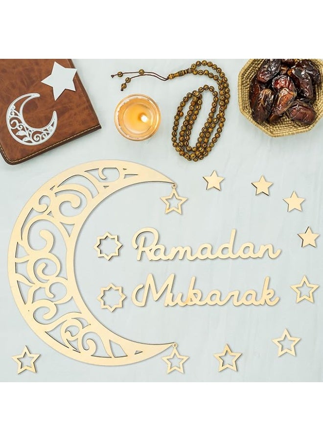 Yalikop 15 Pieces Ramadan Decoration Eid Wall Decor Wooden Moon Star Ornament Ramadan Mubarak Sign Eid for Home Decorations Muslim Islam Ramadan Party Supplies (Wood Color) - Image 4