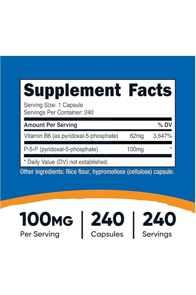 Nutricost مكمل فيتامين ب6 P5P 100 مجم، 240 كبسولة (بيريدوكسال-5-فوسفات) - مناسب للنباتيين، خالٍ من الكائنات المعدلة وراثيًا، خالٍ من الجلوتين - Image 2