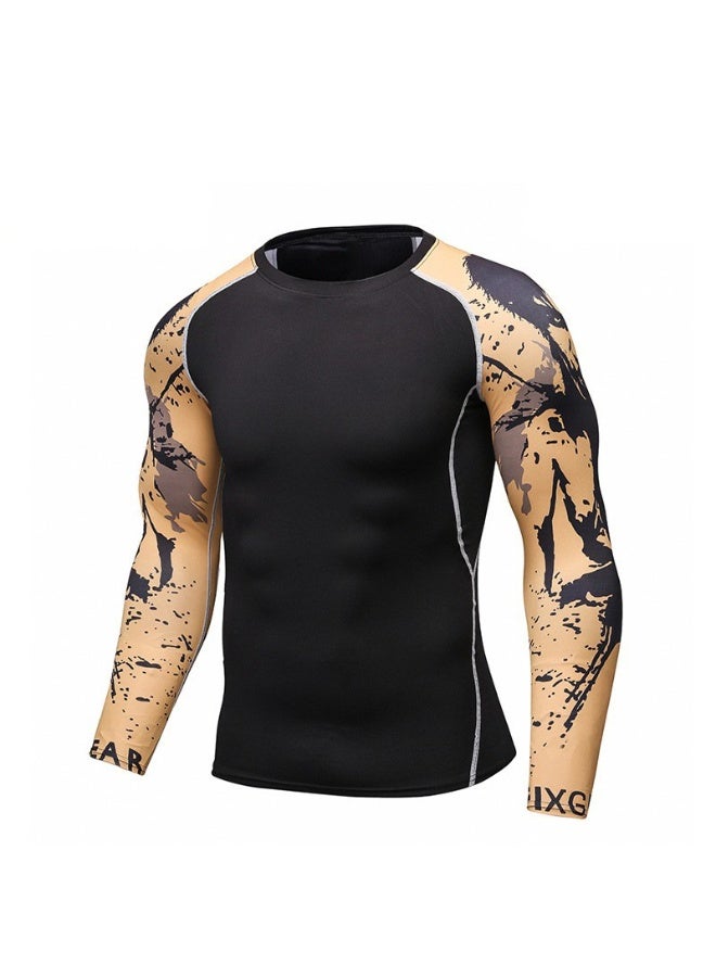 Men's Long Sleeve Fitness Print T Shirt Running Training Sports Tights Tops Fast Drying Elastic Sportswear Tees - Image 1