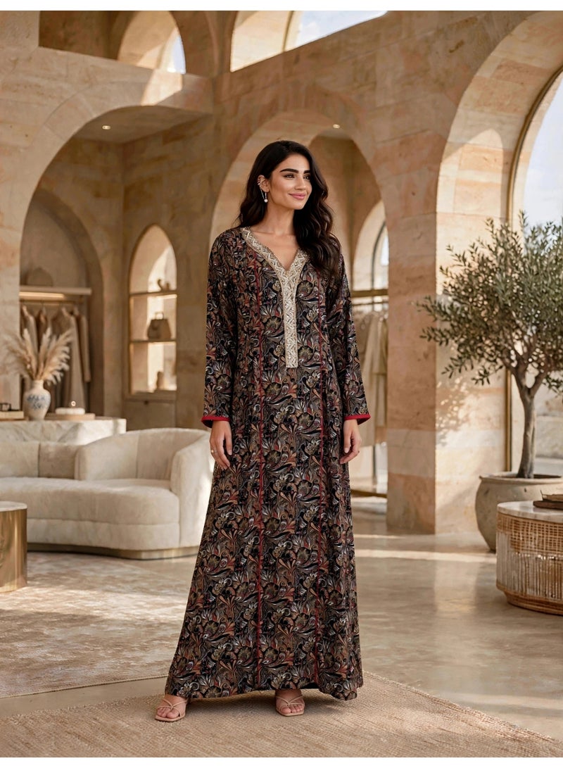 IKKXA Regal Paisley Print Straight Maxi Jalabiya IK221Black - Image 1