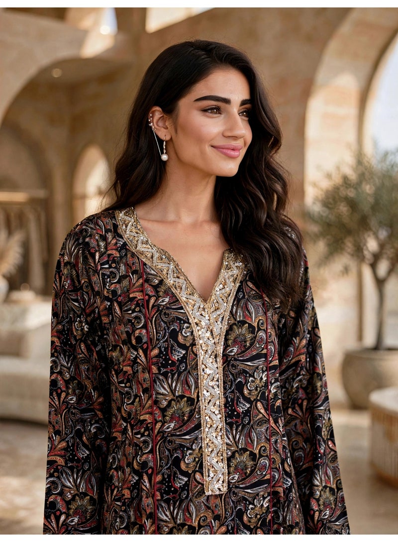IKKXA Regal Paisley Print Straight Maxi Jalabiya IK221Black - Image 2