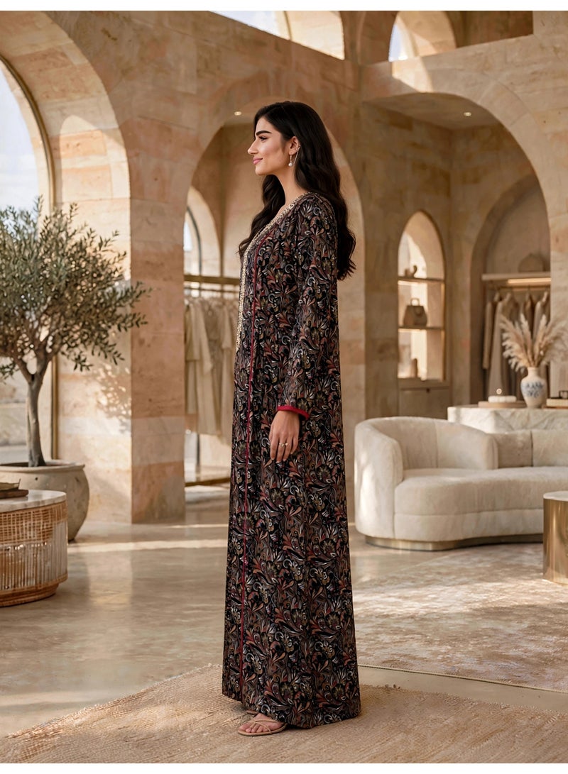 IKKXA Regal Paisley Print Straight Maxi Jalabiya IK221Black - Image 4