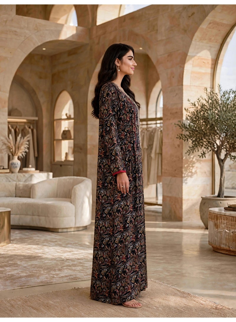 IKKXA Regal Paisley Print Straight Maxi Jalabiya IK221Black - Image 3