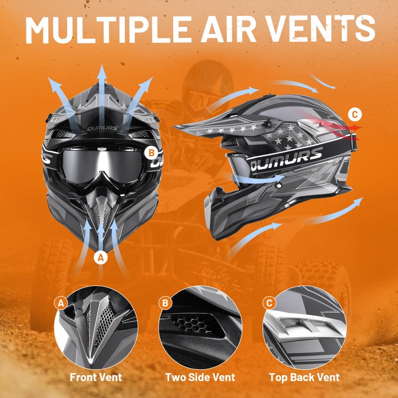 OUMURS DOT Adult Dirt Bike Helmet with Goggles Gloves & Mask Adjustable Sun Visor Motorcycle Adult ATV Helmet Off-Road Motocross Downhill Moped MX BMX for Unisex Adult-188-Black Star, M - Image 5