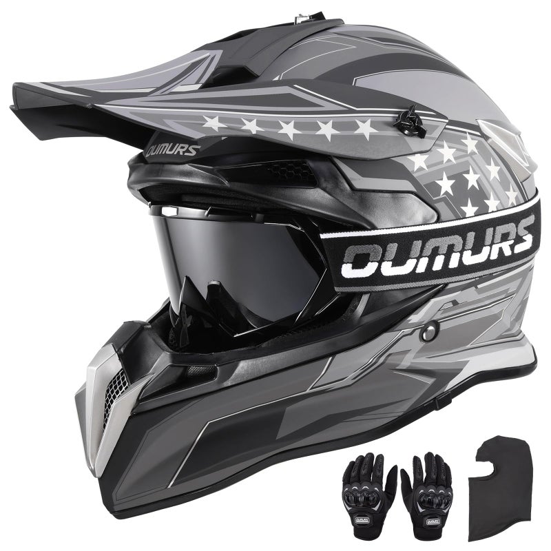 OUMURS DOT Adult Dirt Bike Helmet with Goggles Gloves & Mask Adjustable Sun Visor Motorcycle Adult ATV Helmet Off-Road Motocross Downhill Moped MX BMX for Unisex Adult-188-Black Star, M - Image 1