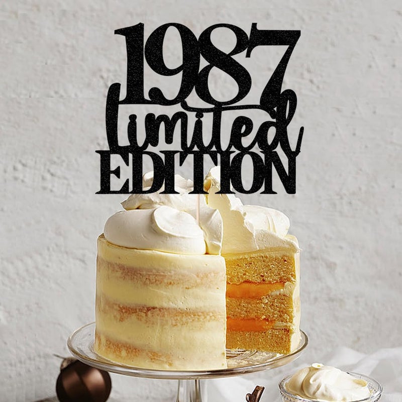 Yetxel Limited EDITION 1987 cake topper 38th birthday happy birthday cake topper men and women cheer 38 years old handmade black glitter cake decoration (1987) - Image 3