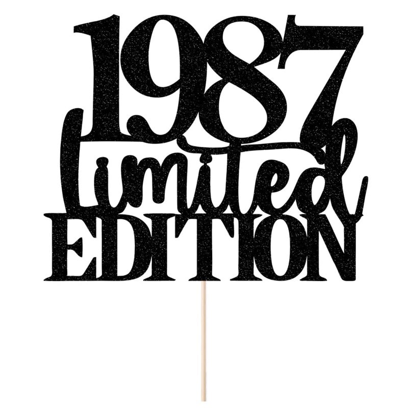 Yetxel Limited EDITION 1987 cake topper 38th birthday happy birthday cake topper men and women cheer 38 years old handmade black glitter cake decoration (1987) - Image 1