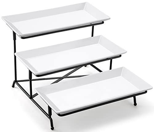 Yedio 3 Tier Serving Tray Set Porcelain Tiered Serving Trays Platters Collapsible Sturdier Stand with Stable Cross Bars for Party Entertaining Food Display Fruit Dessert 12 Inch