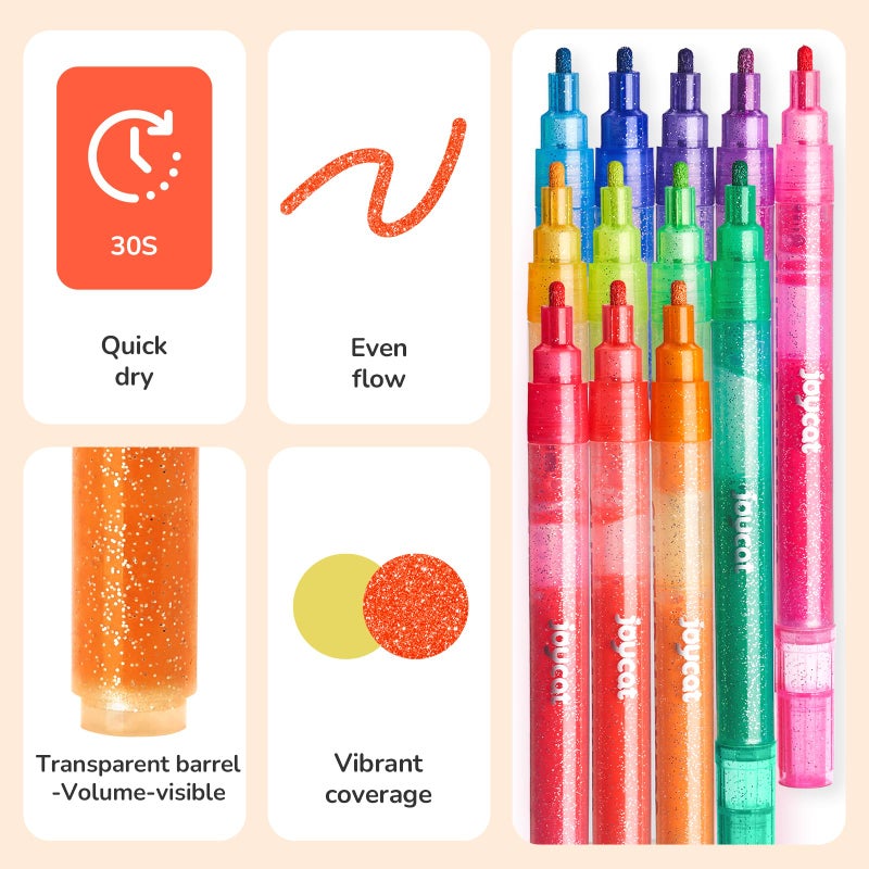 JoyCat 3mm Medium Tip Glitter Markers - 12 Vibrant Colors (Red to Pink) | 3ml High-Capacity Ink | Multi-Surface Paint Pens for Rock, Wood, Fabric, Glass | Gift for Kids DIY Crafts - Image 2