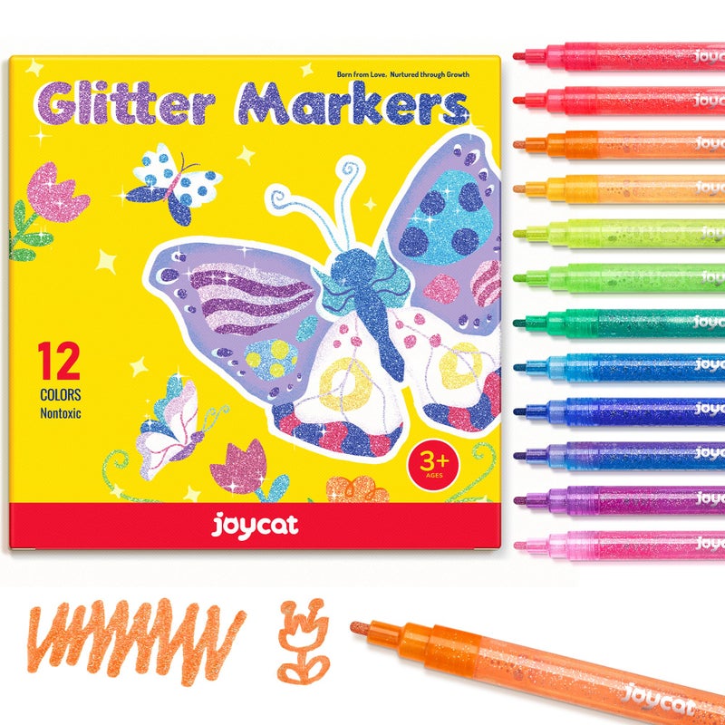 JoyCat 3mm Medium Tip Glitter Markers - 12 Vibrant Colors (Red to Pink) | 3ml High-Capacity Ink | Multi-Surface Paint Pens for Rock, Wood, Fabric, Glass | Gift for Kids DIY Crafts - Image 1
