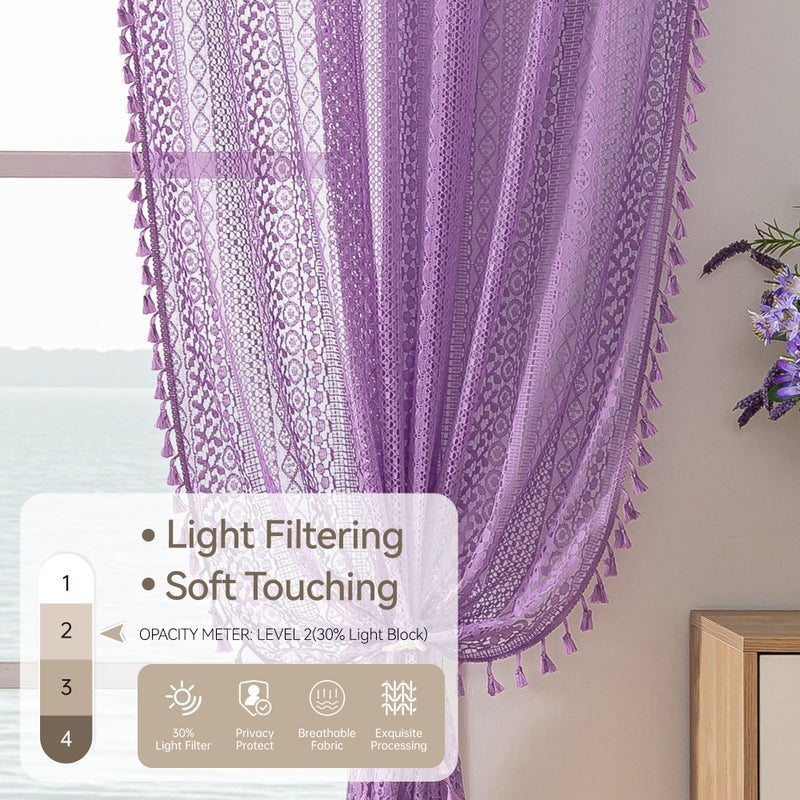 WAZZIO Lavender Purple Sheer Curtains 84 Inches Long 2 Panels, Cotton Semi-Sheer Window Drapes with Tassel Trim, Boho Light Filtering Sheers for Bedroom & Living Room (Set of 2, W59 xL84) - Image 3