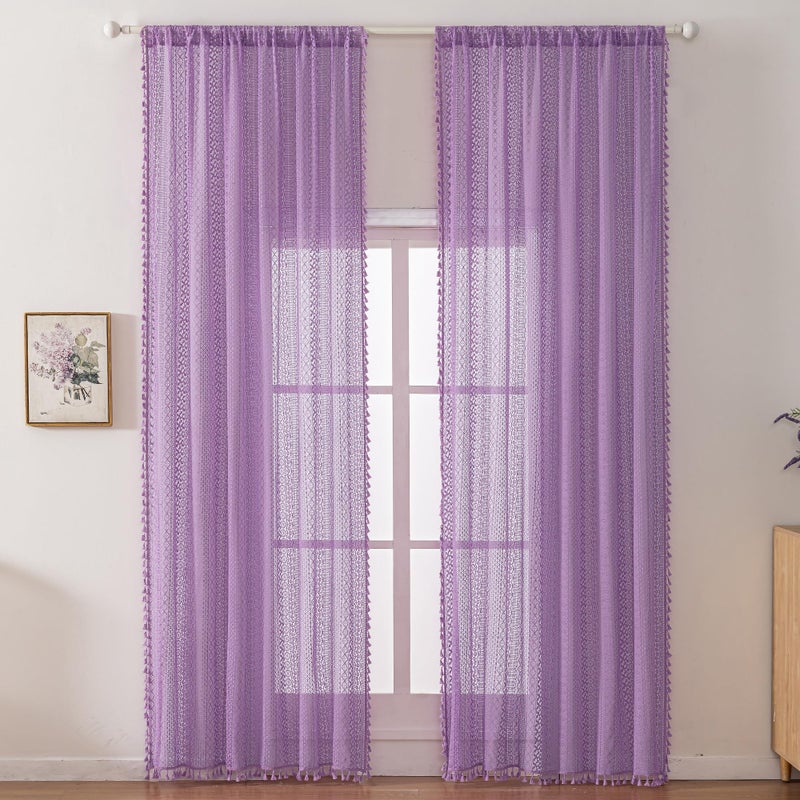 WAZZIO Lavender Purple Sheer Curtains 84 Inches Long 2 Panels, Cotton Semi-Sheer Window Drapes with Tassel Trim, Boho Light Filtering Sheers for Bedroom & Living Room (Set of 2, W59 xL84) - Image 1