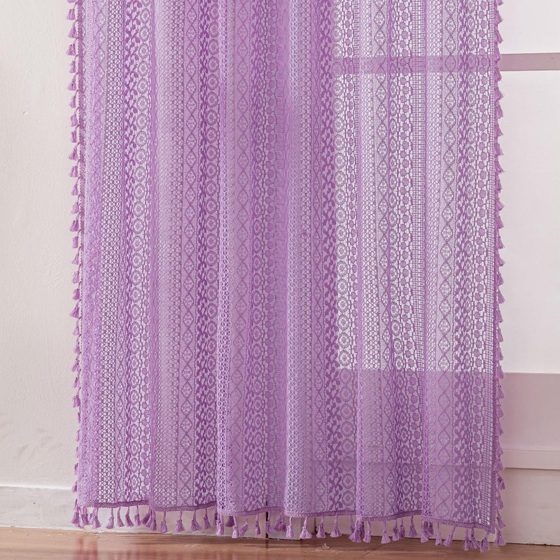 WAZZIO Lavender Purple Sheer Curtains 84 Inches Long 2 Panels, Cotton Semi-Sheer Window Drapes with Tassel Trim, Boho Light Filtering Sheers for Bedroom & Living Room (Set of 2, W59 xL84) - Image 5