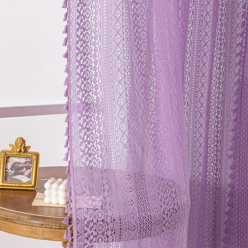 WAZZIO Lavender Purple Sheer Curtains 84 Inches Long 2 Panels, Cotton Semi-Sheer Window Drapes with Tassel Trim, Boho Light Filtering Sheers for Bedroom & Living Room (Set of 2, W59 xL84) - Image 4