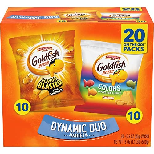 Goldfish Dynamic Duo Variety Pack, Colors Cheddar & Flavor Blasted Xtra Cheddar, Snack Packs, 20 Ct - Image 1