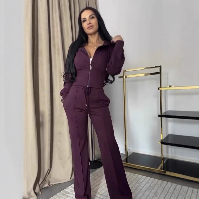 European and American 2024 Spring and Autumn Womens Long Sleeve Slim Fit Short Two-Piece Cross-Border Independent Station Explosions Hooded Casual suit Deep red - Image 1