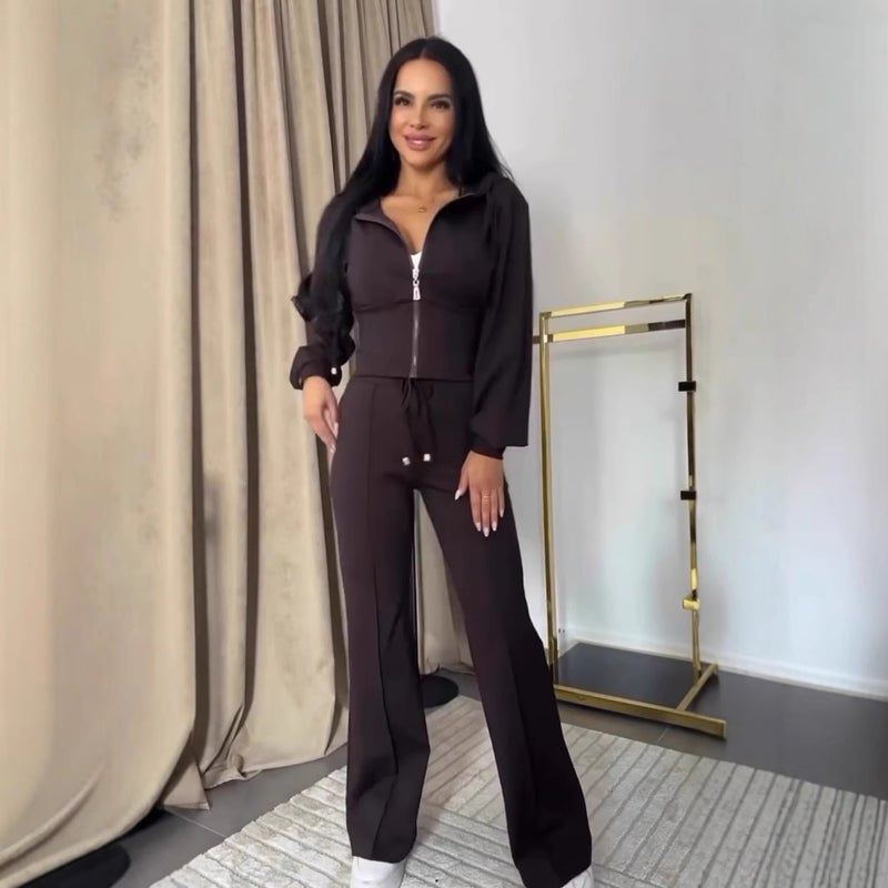 European and American 2024 Spring and Autumn Womens Long Sleeve Slim Fit Short Two-Piece Cross-Border Independent Station Explosions Hooded Casual suit Deep red - Image 2