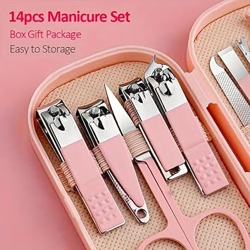 Generic HS Manicure Set for Women Men Manicure Pedicure Tools Accessories 14 pcs Stainless Steel Nail Clippers Set Cuticle Remover Cutter Trimming Grooming Tools Hard Pink Case Nail Kit  - Image 4