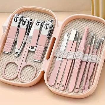 Generic HS Manicure Set for Women Men Manicure Pedicure Tools Accessories 14 pcs Stainless Steel Nail Clippers Set Cuticle Remover Cutter Trimming Grooming Tools Hard Pink Case Nail Kit  - Image 1