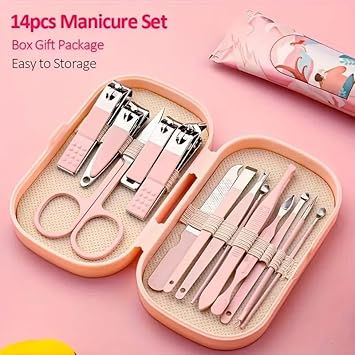 Generic HS Manicure Set for Women Men Manicure Pedicure Tools Accessories 14 pcs Stainless Steel Nail Clippers Set Cuticle Remover Cutter Trimming Grooming Tools Hard Pink Case Nail Kit  - Image 5