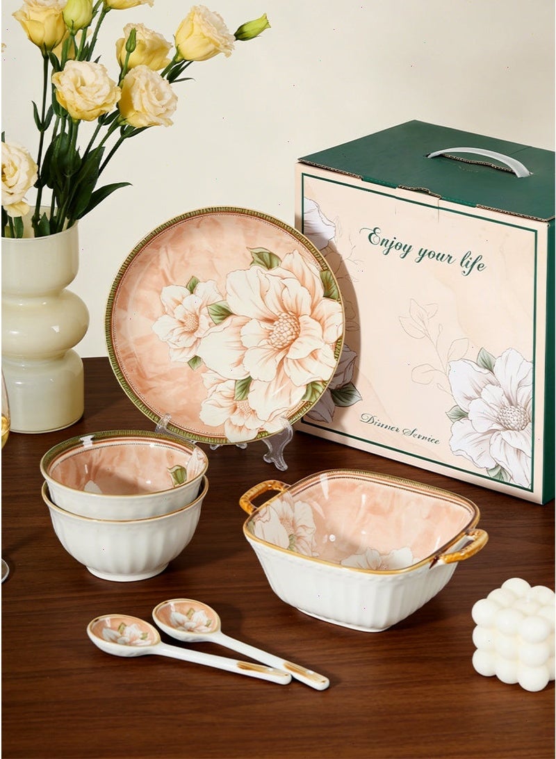 طقم أواني طعام 6 قطع طقم أواني عشاء بتصميم زهور حديقة على الطراز الياباني بتصميم فاخر وأنيق ومثالي بتصميم رائع وزهور ملونة أصلية - view 2