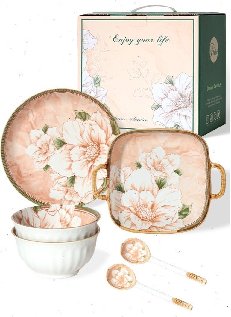 Gmisun 6 Pcs Dinnerware Set Japanese Style Garden Flowers Design Luxury High End Elegant Perfect Gift Set with Gorgeous Design and Original Colorful Flowers - Image 1