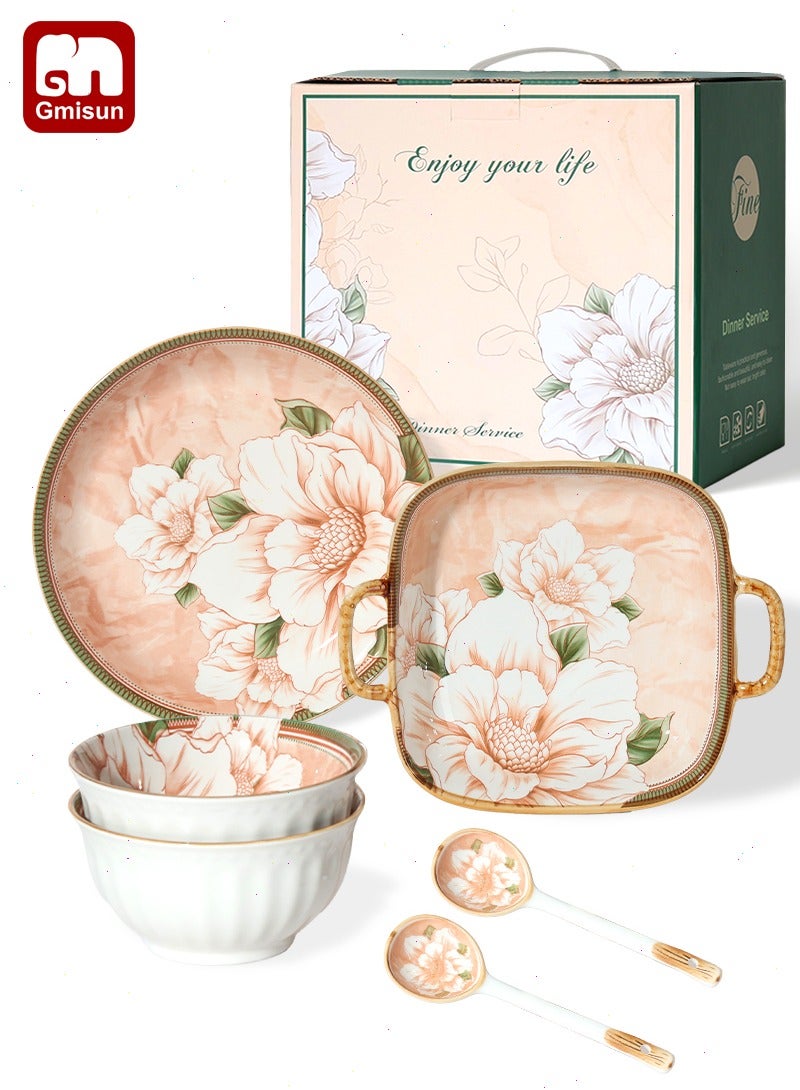 Gmisun 6 Pcs Dinnerware Set Japanese Style Garden Flowers Design Luxury High End Elegant Perfect Gift Set with Gorgeous Design and Original Colorful Flowers - Image 1