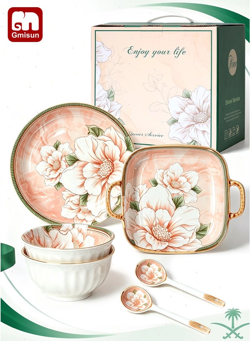 Gmisun 6 Pcs Dinnerware Set Japanese Style Garden Flowers Design Luxury High End Elegant Perfect Gift Set with Gorgeous Design and Original Colorful Flowers - Image 1